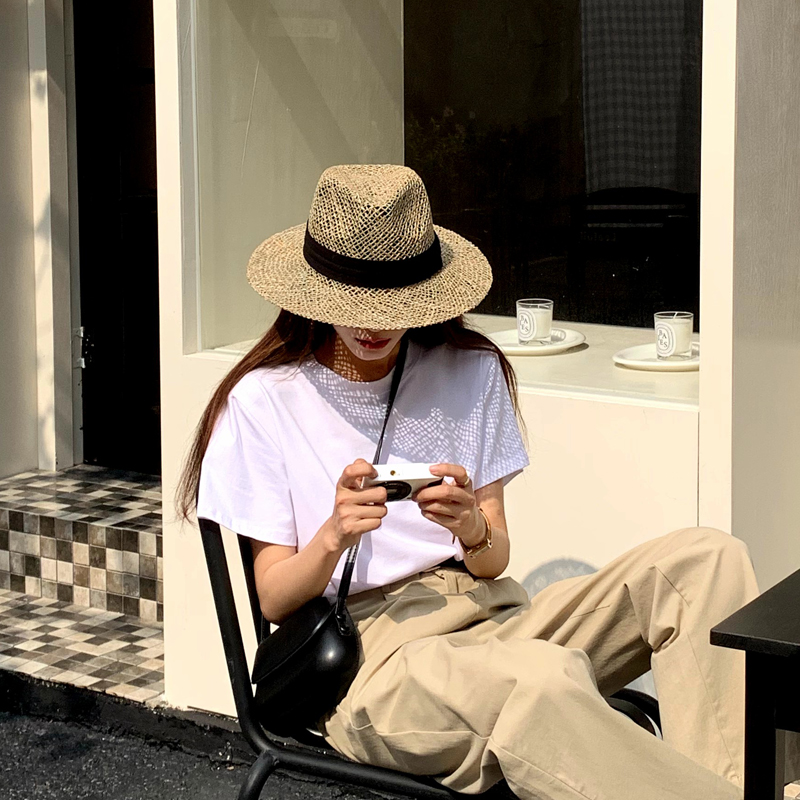 サイドcm帽子パナマ麦わら帽子女性フレンチバケーションビーチサンシェードジャズカウボーイ麦わら編み帽子