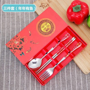 Portable chopsticks spoon set tableware three-piece set for adult stainless steel fork students cute chopstick storage box tableware