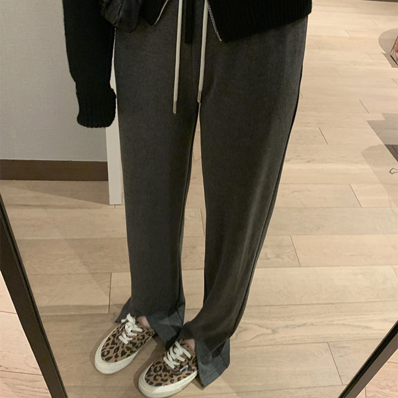 VEEE summer thin high waist loose thin straight tube hanging casual front slit sweatpants women's drawstring bifurcated pants