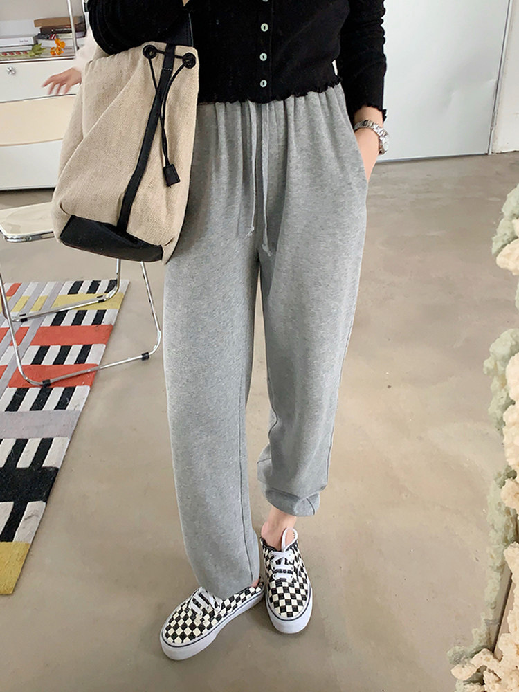 VEEE thin high waist thin loose hanging gray sports casual pants women's small drawstring straight drawstring pants