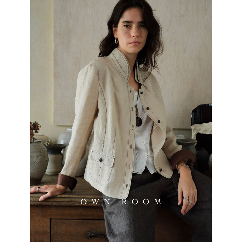 Ownroom's Favorite This Season: Western Retro with Oriental Zen Style Double-Layer Collar Patchwork Hemp Spanish Jacket