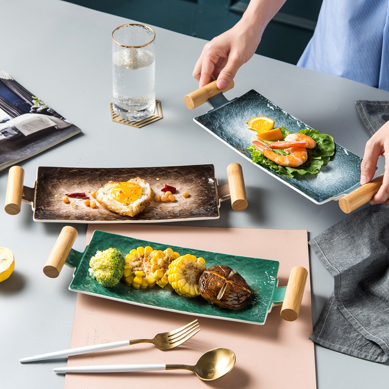 Japan-style rectangular sushi count heart snack dessert tray minimalist home creative Western buffet Steak Tray Ceramic Cutlery