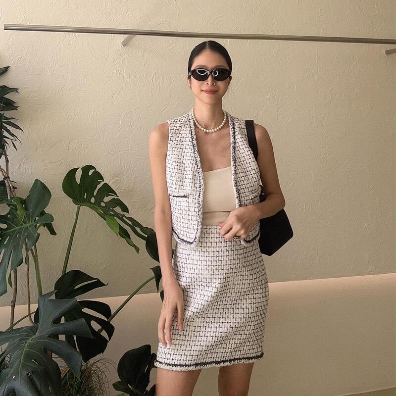 Daily Romance Autumn Style Black and White Checkered Imported Tweed Chanel-Style Vest/Short Skirt