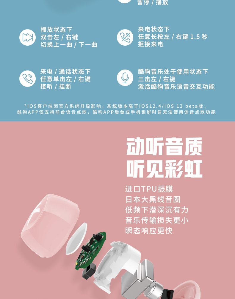 酷狗 彩虹糖 TWS真无线蓝牙耳机 语音点歌 20小时长续航 图7