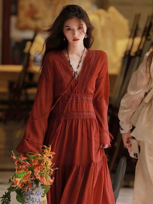 Xinjiang Travel Outfit Bohemian Red Deep V-Neck Tie-Up Dress Lace Trim Long Dress Long-Sleeved Tea Break Dress