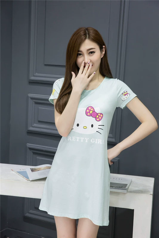 Cotton ống tay ngắn hàng đầu với áo ngực miễn phí áo ngực hoạt hình Kitty đồ ngủ nữ dễ thương váy ngủ mùa hè dịch vụ nhà đầm xòe đẹp