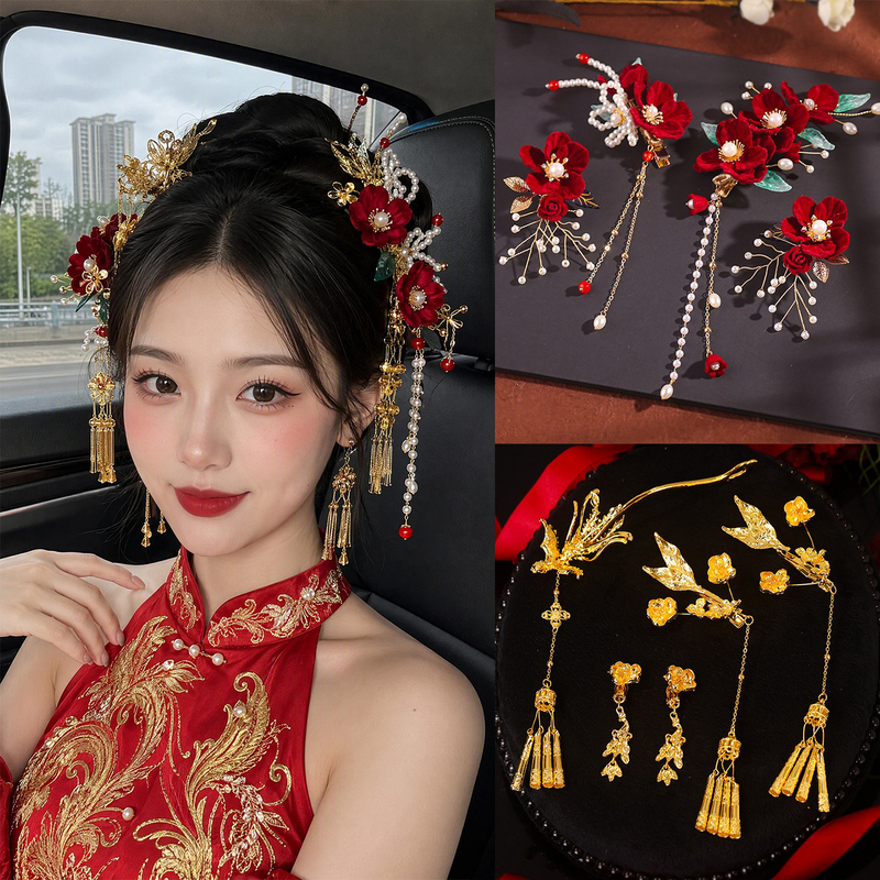 Retro Palace Style Red Flower Hairpin Bride's Xiuhe Dress Hair Accessories Ancient Style Tassel Pearl Headdress Gold Set