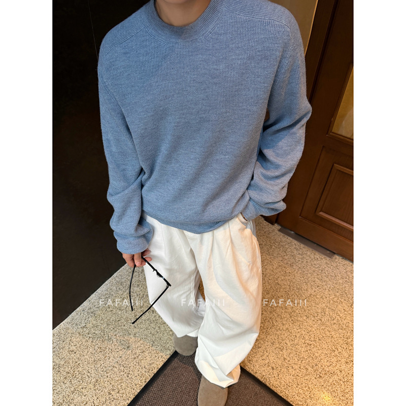 Fafaiii Gray/Blue Korean Style Wool Blend Solid Color Crew Neck Knit Top Loose Casual Versatile Unisex Sweater
