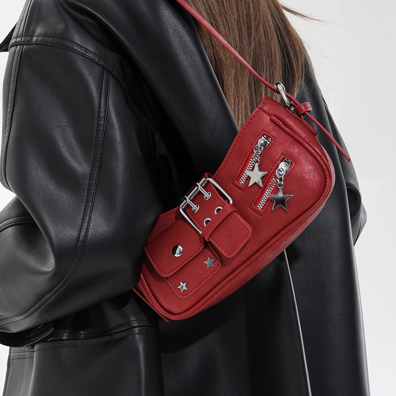 Red Bag 2026 New Model This Year's Popular Hot Item Underarm Bag Niche Design Biker Style Retro Handbag for Women