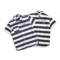  2020 Summer American motorcycle retro Japanese Ami kachi knight canvas ribbed striped short-sleeved tooling shirt men