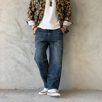  Red-eared denim tooling jeans Japanese retro washed old loose mens straight Ami Kachi trousers