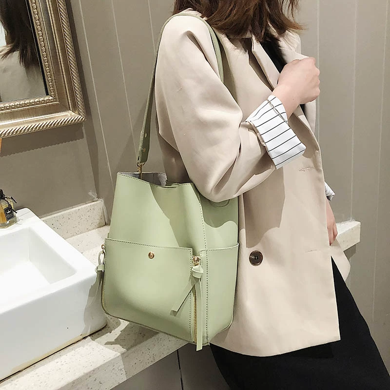 Túi Bucket bag nữ phiên bản mới 2020 Hàn Quốc túi tote hình ảnh đơn giản và đa năng Túi tote đeo vai đơn giản - Túi xách nữ