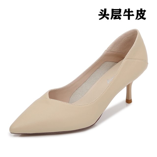 Apricot nude cowhide ເກີບສົ້ນສູງຜູ້ຍິງ stiletto professional soft leather breathable versatile pointed toe formal work shoes single shoes