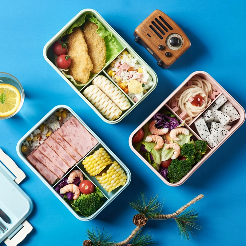 Ba lưới rơm lúa mì với hộp ăn trưa cho nhân viên văn phòng có thể được làm nóng trong lò vi sóng - Hộp cơm điện sưởi ấm