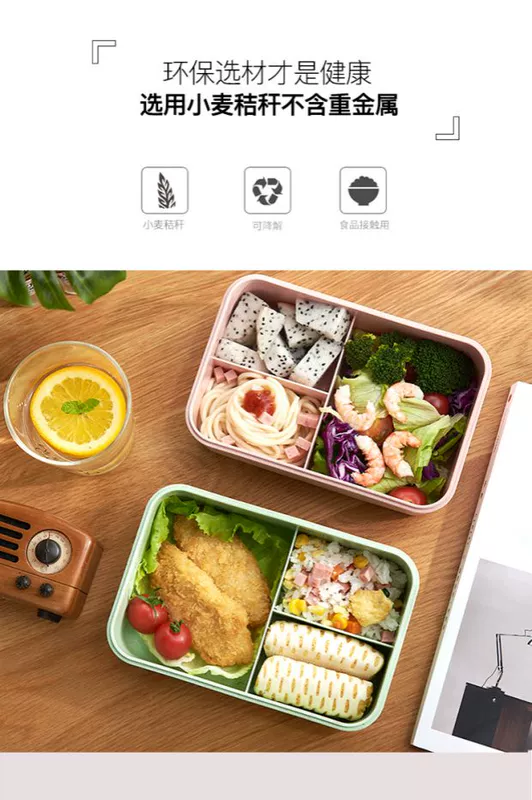 Ba lưới rơm lúa mì với hộp ăn trưa cho nhân viên văn phòng có thể được làm nóng trong lò vi sóng - Hộp cơm điện sưởi ấm
