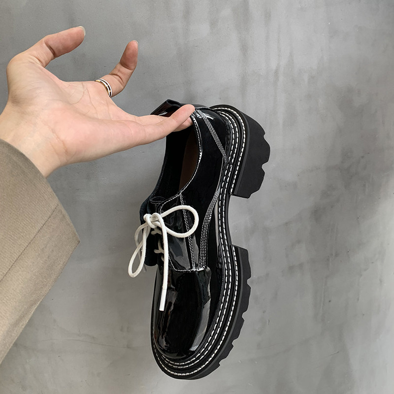 Head Layer Cow Leather Oh ~ 2022 Spring Summer New Pine Cake Thicken Bag Shoes College Inglées Lace-up Shoes Woman