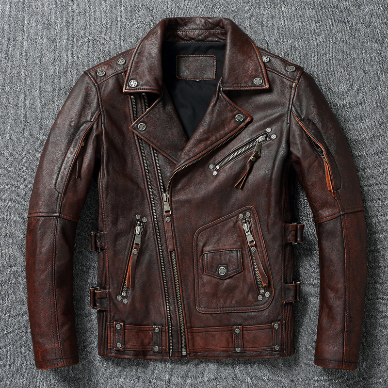 Harley Motorcycle Jacket, First-Layer Cowhide Genuine Leather Jacket for Men, Nostalgic Retro Distressed Leather Jacket, Motorcycle Jacket