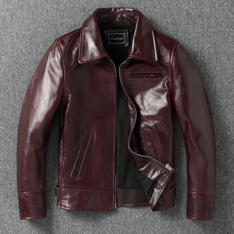 New Oil Waxed Cowhide Burgundy Leather Jacket Genuine Leather Men's Slim Short Tuxedo Leather Jacket Coat