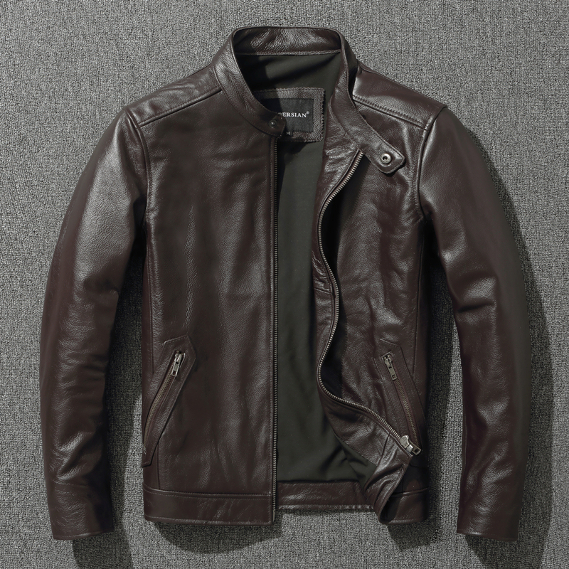 Factory Direct Sale Pure First-Layer Soft Cowhide Genuine Leather Jacket for Middle-Aged Men, Casual Short Style with Stand Collar, Brown