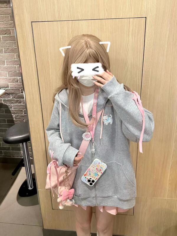 Original Gray Cat Hoodie with Bow Tie and Plush Cat Ears, Loose Fit Original Gray Cat Hoodie with Bow Tie and Plush Cat Ears, Loose Fit