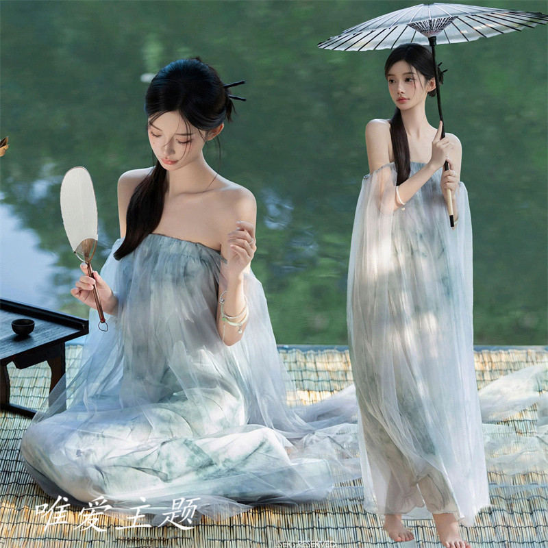 Photo Studio New Chinese-Style Dress for Women, Summer Design, Niche National Style, Retro, Stunning Tea-Dyed Ribbon Strapless Dress