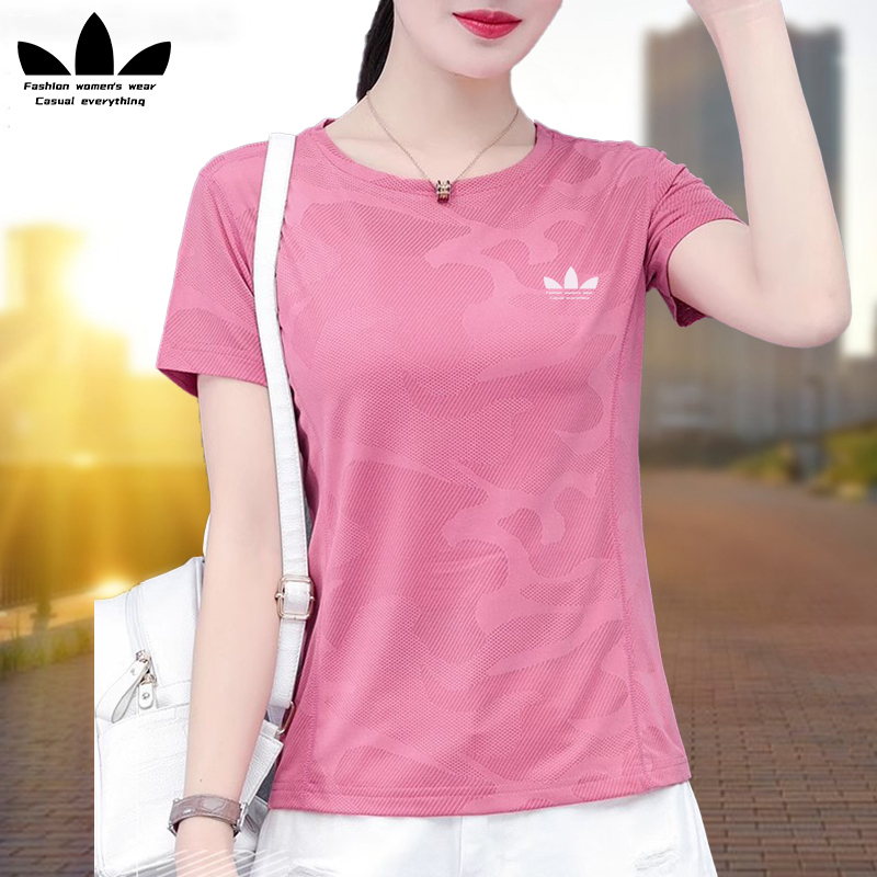 Sports Clover Quick-Drying Short-Sleeved T-Shirt for Women 2026 New Summer Ice Silk Breathable Right-Shoulder Round-Neck Sports Top