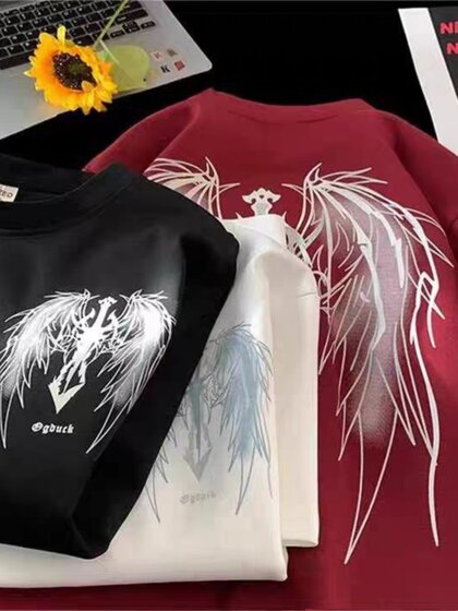 vibe美式高街短袖t恤男夏季复古设计感大翅膀纯棉半袖情侣装上衣