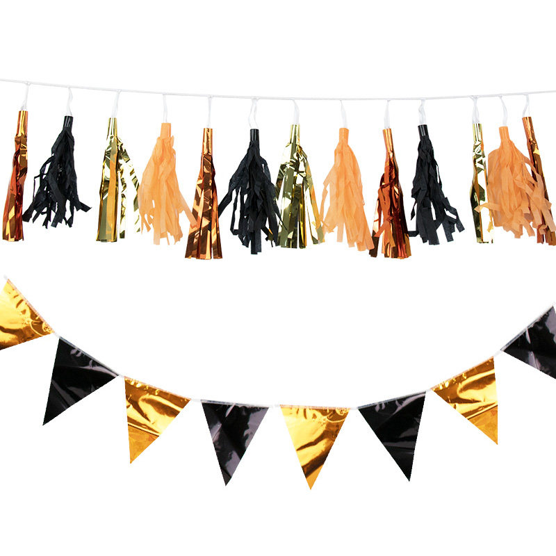 Halloween Party Decorations Accessories Orange Black Aluminum Film Triangle Banner Paper Flow Suara Flowers Strings Flag Color with hanging decoration