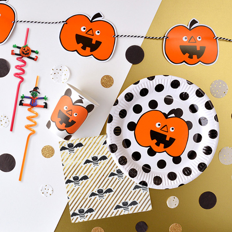 Halloween Party Decorations Kids Cartoon Pumpkin Paper Plate Dinner Plate Bat Paper Cup Table Setting Set