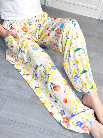 Летние пижамные брюки из хлопка и шелка для женщин, пляжные брюки-фонарики из вискозы больших размеров с защитой от комаров, домашние длинные брюки с манжетами для весны и осени.