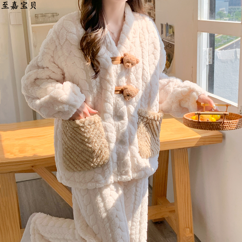 Coral Fleece Maternity Pajamas for Autumn and Winter, Thickened, Sweet Style, Postpartum Nursing, Pregnancy-Specific, Plus Size Winter Version