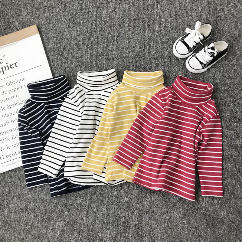 Baby high neck pullover base shirt Spring and autumn and winter men and women children 0-1-3 years old Striped long sleeve cotton T-shirt top