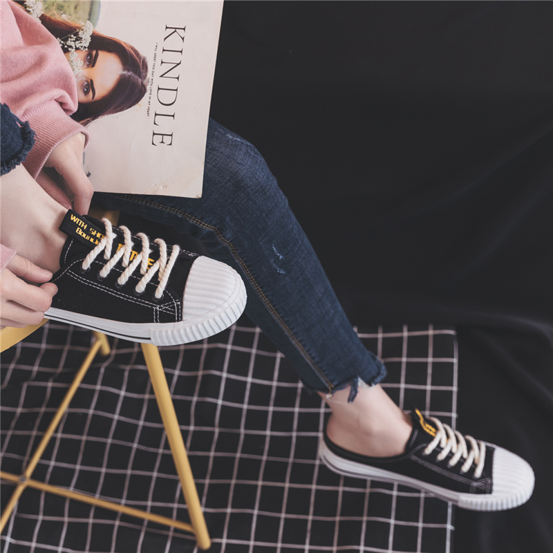 2018 mùa hè màu đen và trắng giày vải nữ sinh viên Hàn Quốc phiên bản của Harajuku ulzzang nửa dép siêu lửa ins1992 giày giầy mọi nữ