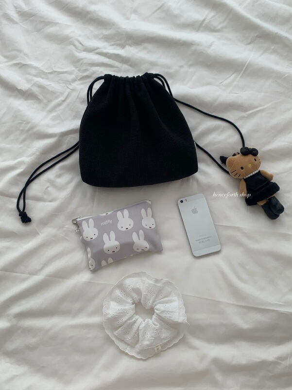 Henceforth Handmade Quilted Drawstring Shoulder Bag Storage Bag Black Korean Style Simple Versatile Korean Fabric