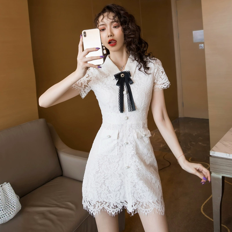 Mùa hè năm 2021 phong cách Hàn Quốc nhỏ hương thơm khí chất phụ nữ a-line mảnh mai thon gọn váy ren ngắn tay quần áo phụ nữ - A-Line Váy