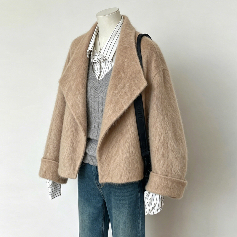 Cocoa Crepe Lapel Short Triple Brushed Wool Mulberry Silk Cashmere Coat Women's Loose Top New C216 Cocoa Crepe Lapel Short Triple Brushed Wool Mulberry Silk Cashmere Coat Women's Loose Top New C216