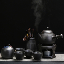 Black pottery gongfu tea set alcohol lamp tea cooker small Japanese household whole set kung fu tea ceremony teapot tea cup tea jar