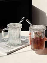 ins style striped glass cup with lid straw cup simple water cup household cup drink cup milk cup breakfast cup