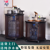 Bamboo tea cabinet mobile tea table walnut color round kettle home simple living room small tea table tea cabinet tea table