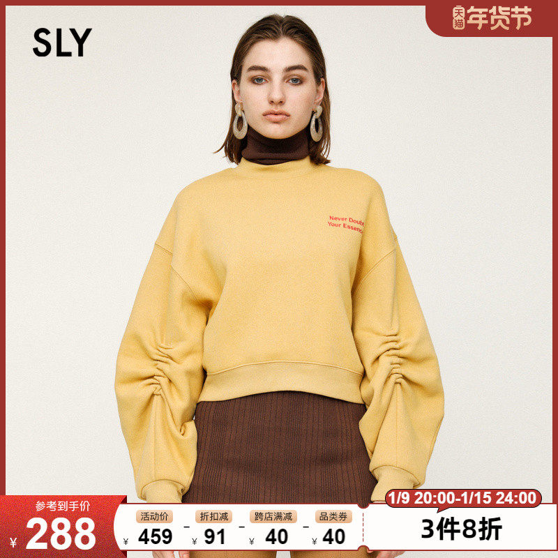 SLY autumn and winter New round neck letter pleated sleeve loose short version of sweater women 030DAA90-6150