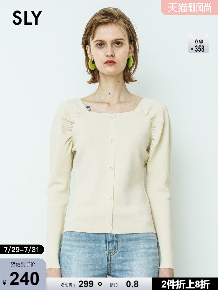 SLY2021 summer new simple solid color square collar pleated bubble sleeve sweater women 030ESZ70-3710