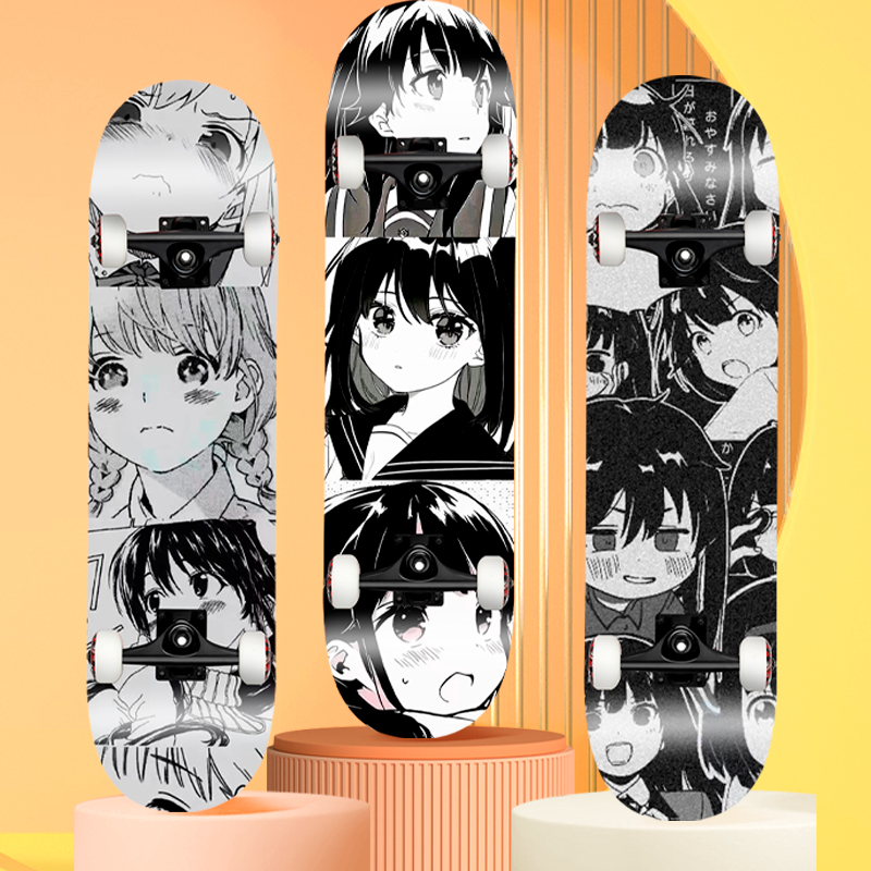 Japanese anime head splices black and white minimal four - wheel scooter professional board beginners 10 - 12 years old