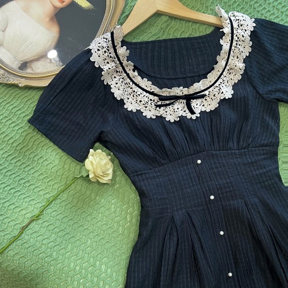 Rondo Independence Day 2024 Summer Retro Lace French Sweet Little Black Dress Slimming Original Dress