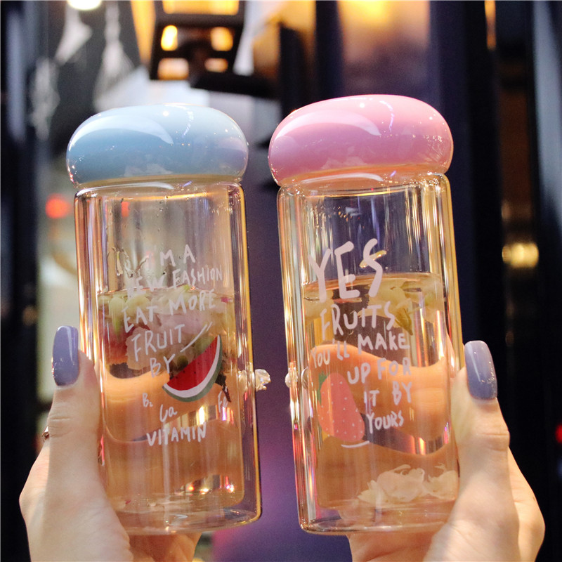 Summer water cup girl Korean version of the glass portable mushroom cup Korean cute heat-resistant glass double thickened cup