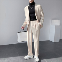 Light mature casual suit Ruffian handsome collarless suit wide leg hanging feeling two-piece trend jacket high-grade mens clothing