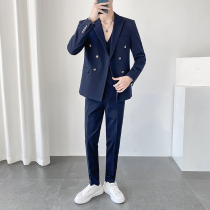 Light mature Wind Autumn Tide men wedding suit Korean ins leisure business suit suit set double breasted coat
