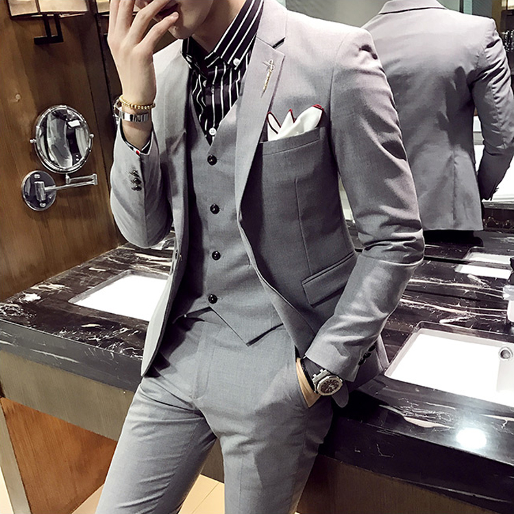 Summer long-sleeved slim suit men's suit handsome youth Korean version suit Three-piece suit casual business jacket