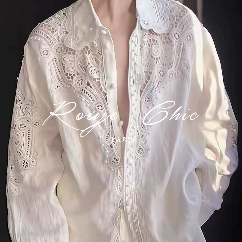 French Rouje Chic French Design Lace Cut Out Long-Sleeved Shirt for Women Spring High-End Loose Shirt
