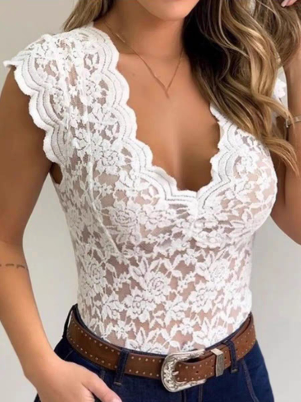 【European and American Style】Wanwan Youyi Women's V-Neck Sleeveless Lace Top, Sexy and Slimming Blouse 0.07kg1380