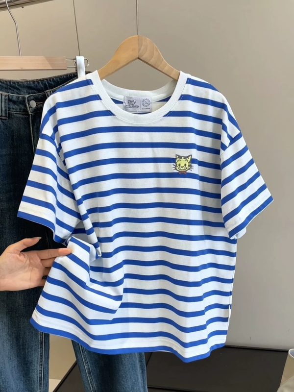 【Daily Order】Wanwan Youyi Women's Summer New Cartoon Embroidery Striped Round Neck Short Sleeve T-Shirt 0.2kg2278 【Daily Order】Wanwan Youyi Women's Summer New Cartoon Embroidery Striped Round Neck Short Sleeve T-Shirt 0.2kg2278